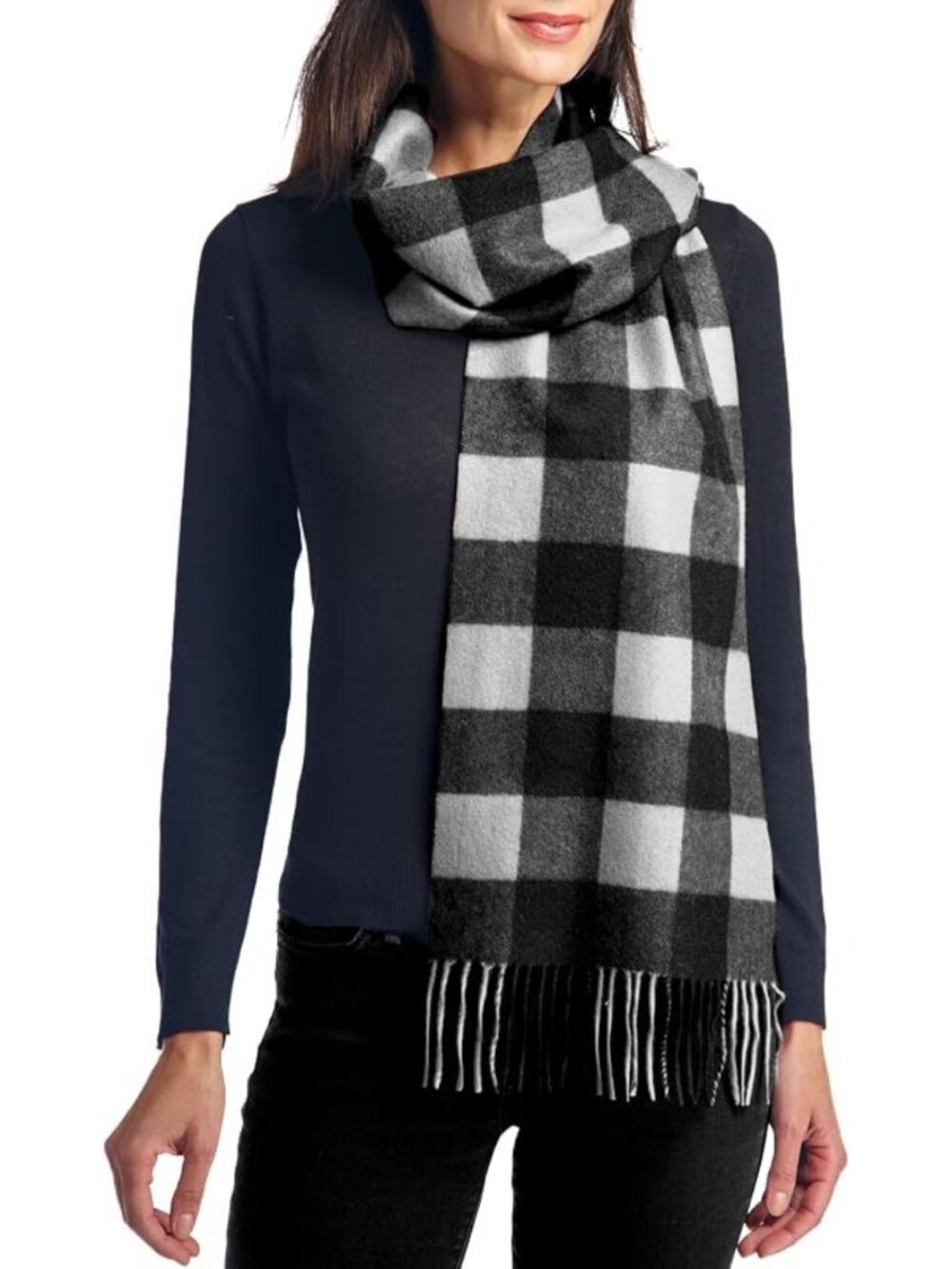 Buffalo Plaid 100% Cashmere Fringe Wrap Scarf Winter Black White